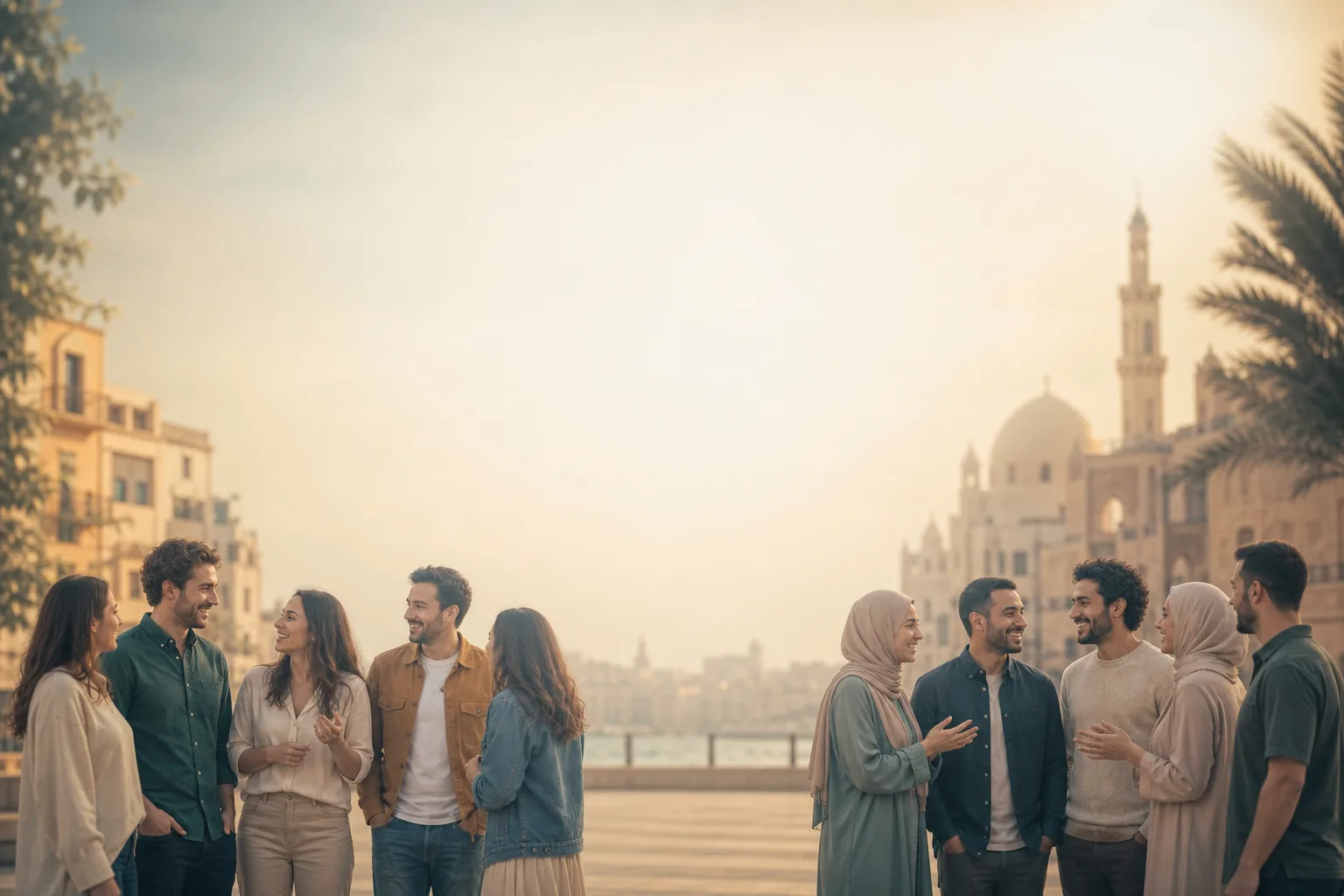 Grupo diverso de personas hispanohablantes y de origen árabe conversando y sonriendo